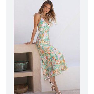 NWOT Hello Molly “Fall For You” Green Floral Midi Slip Dress Women’s Size 4